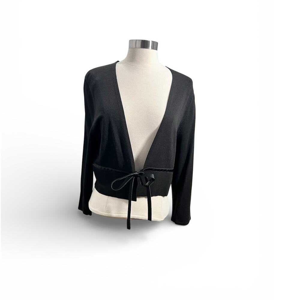 Carmen Marc Valvo Black Bamboo Blend Cropped Cardigan 100% SilkTie Med-Large